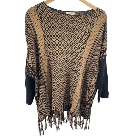 Westbound Womens Poncho Sweater Tassel Pullover Acrylic Blend Black Beige XL - Picture 1 of 10